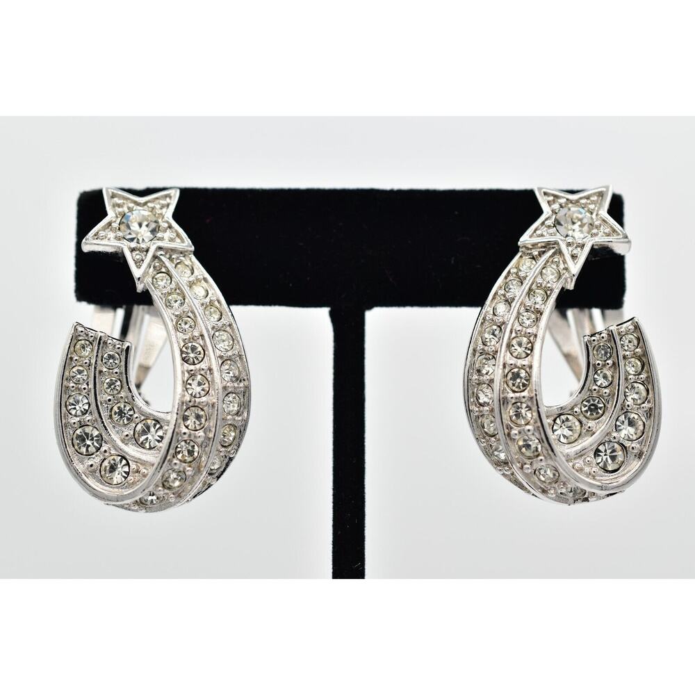 Cindy Adams Vintage Shooting Star Clip On Earrings Crystal Silver Signed BinBK